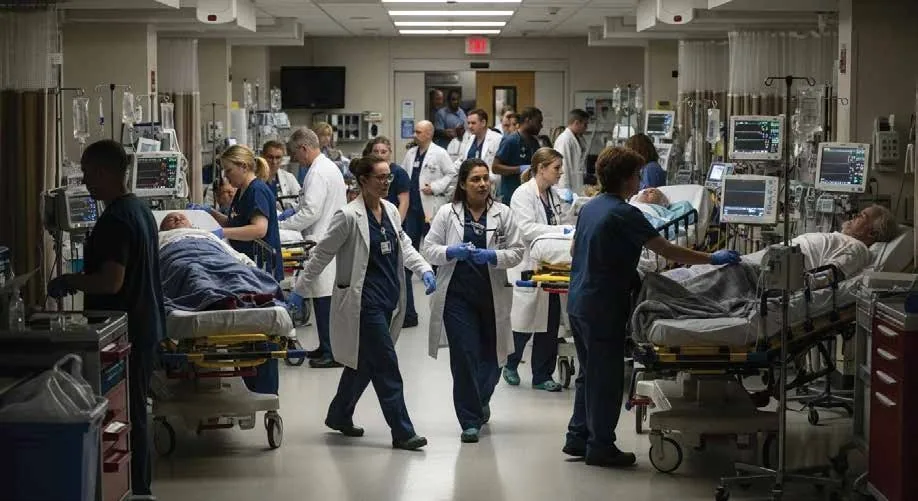 Doctors and nurses caring for multiple patients in a busy hospital emergency department