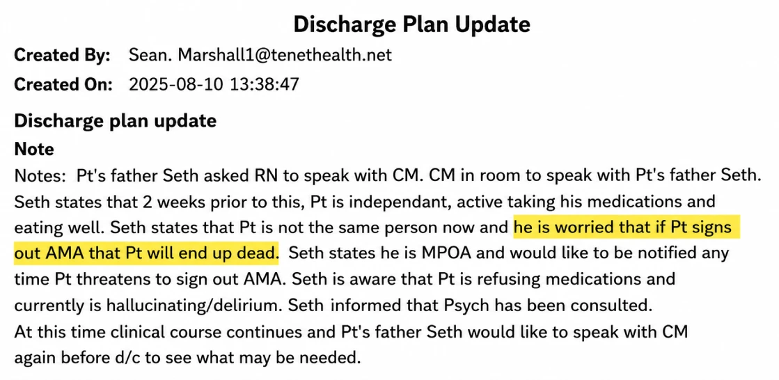 Hospital discharge plan update noting concerns about Kaelen Lachica's discharge Hospital discharge plan update noting concerns about Kaelen Lachica's discharge