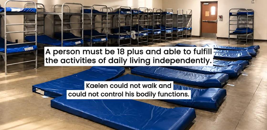 The shelter required residents to be able to live independently, a condition Kaelen Lachica could not meet Homeless shelter dormitory with admission requirements shown on screen
