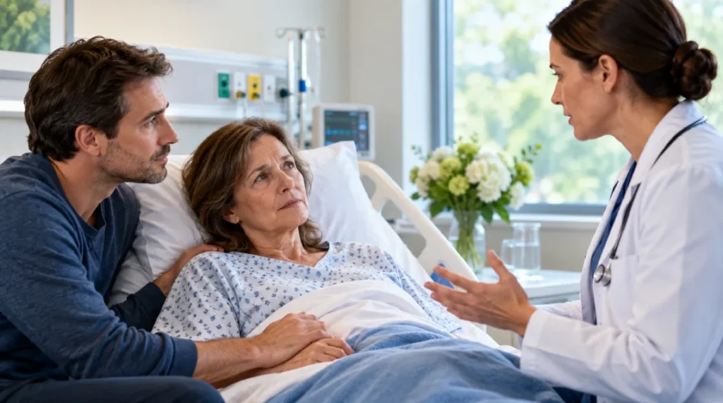Family member supporting an older patient while a doctor discusses hospital care